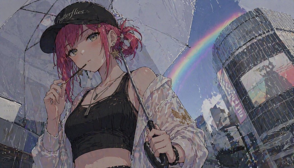 界面稿 GPT Image 2 提示词：Anime Girl with Umbrella and Rainbow