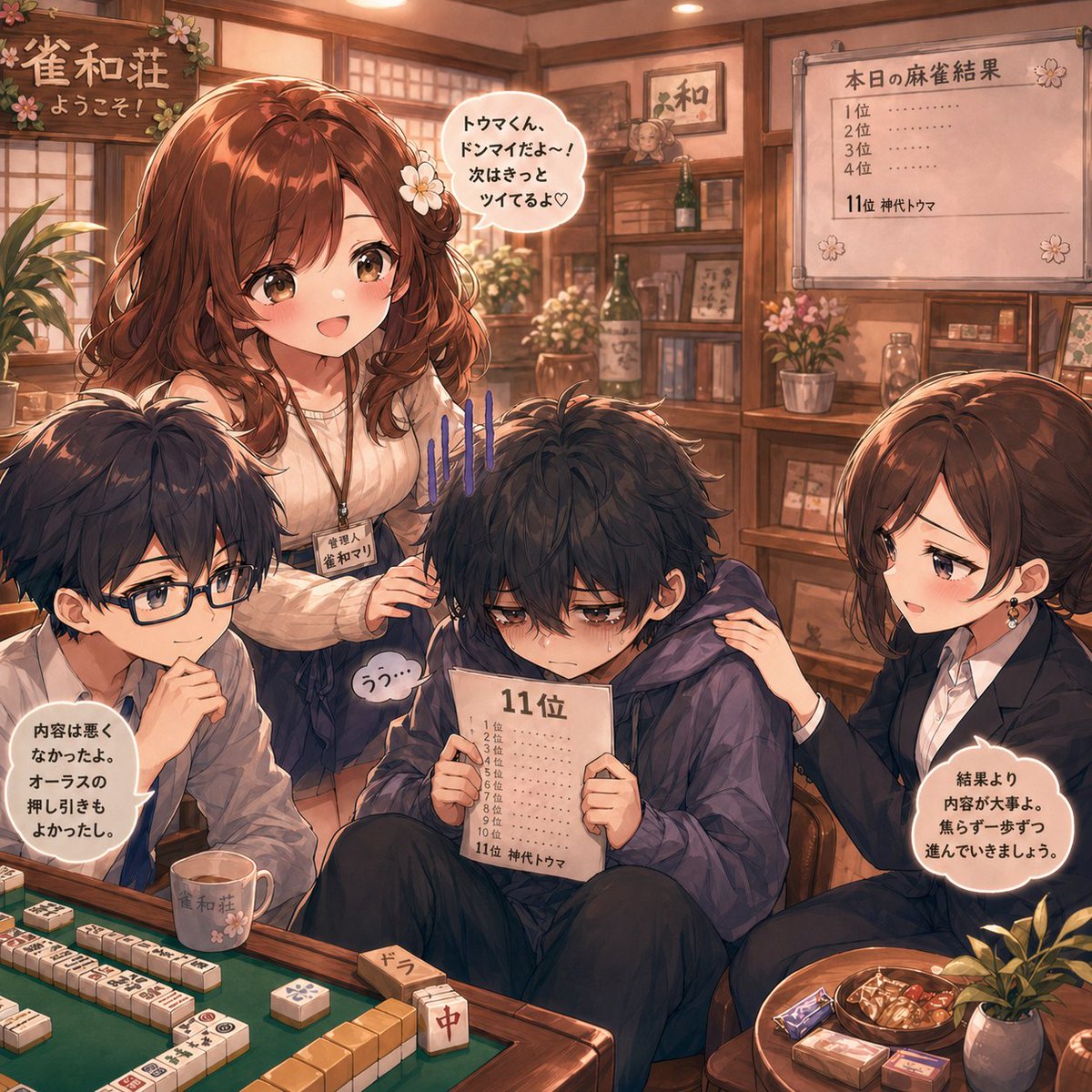 产品视觉 GPT Image 2 提示词：Anime Mahjong Loss Consolation Scene