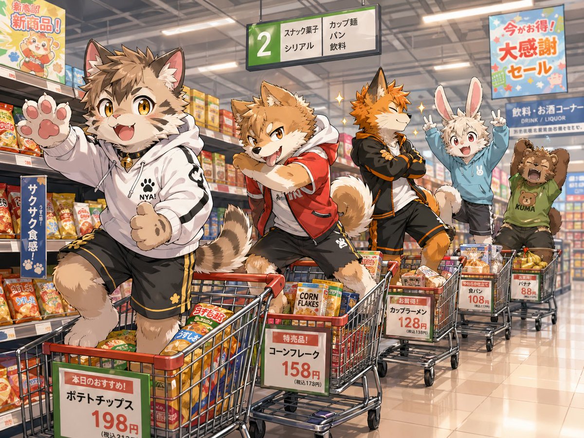 产品视觉 GPT Image 2 提示词：Anime Mascots in Supermarket Carts