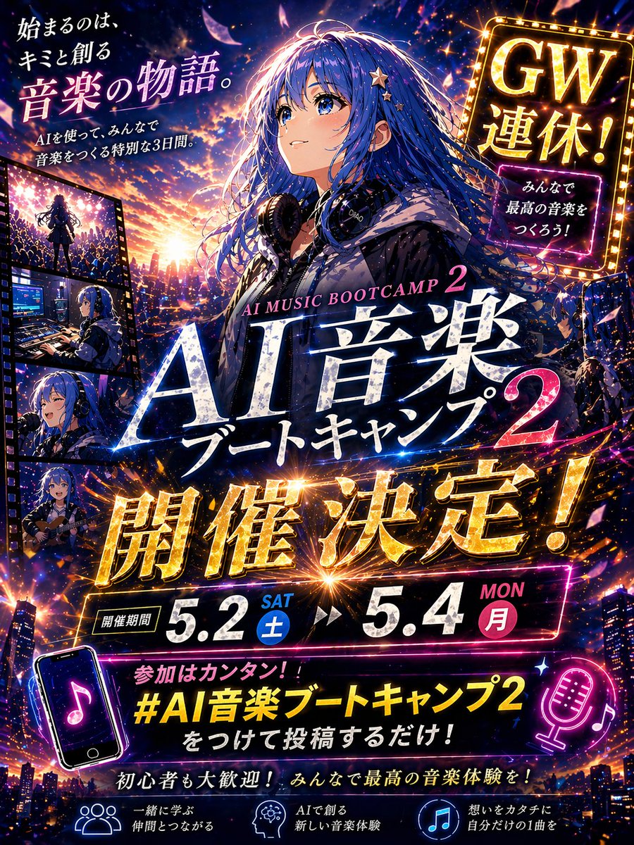 产品视觉 GPT Image 2 提示词：Anime Music Bootcamp Promo Poster