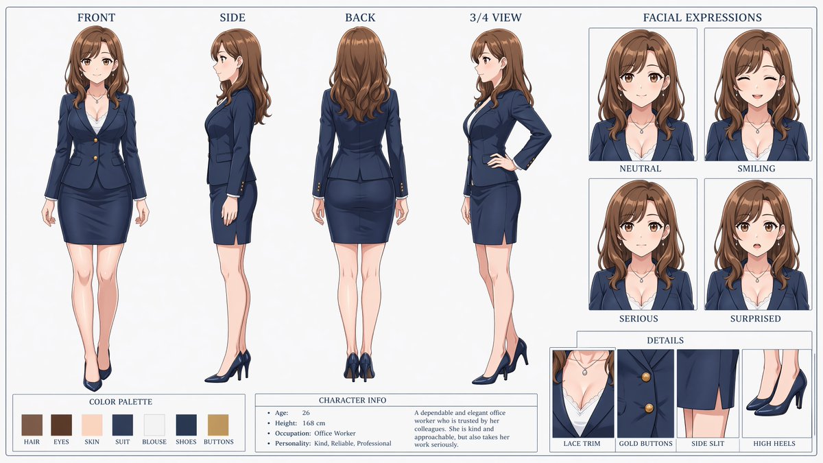 界面稿 GPT Image 2 提示词：Anime Office Lady Reference Sheet