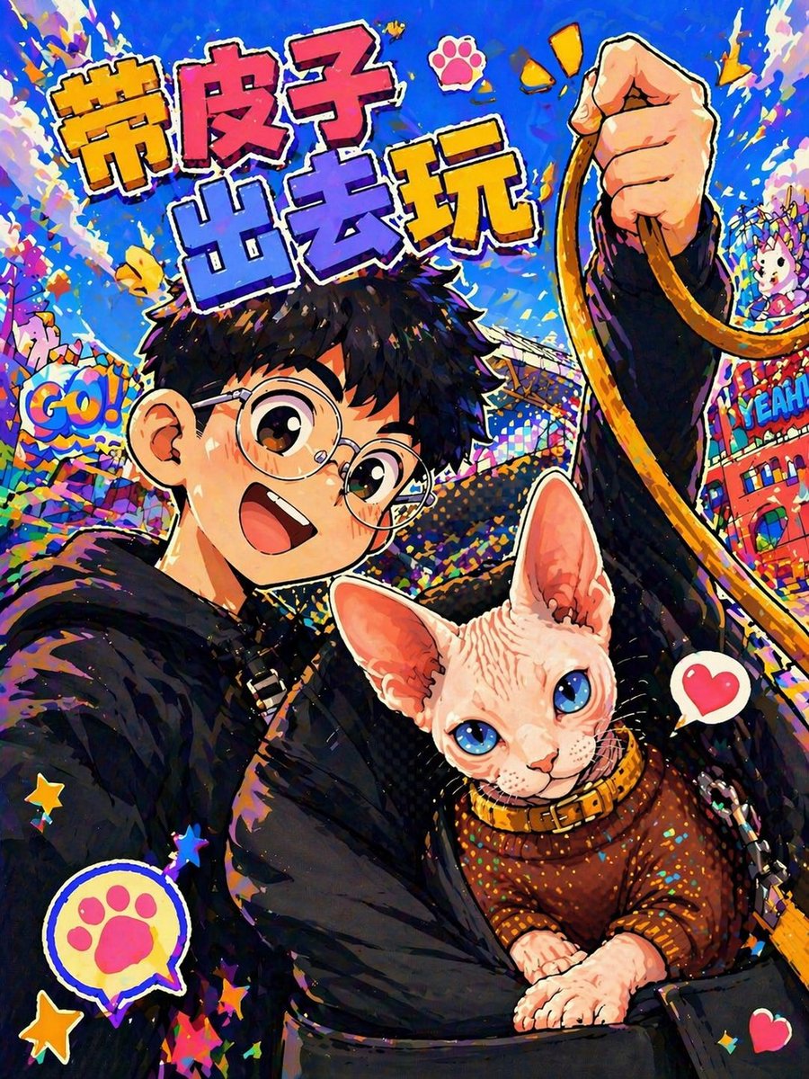 产品视觉 GPT Image 2 提示词：Anime Pop Sphynx Cat Outing Poster