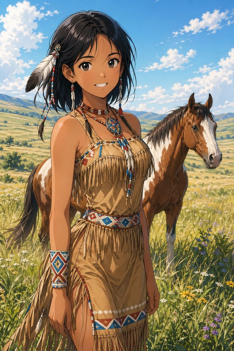 产品视觉 GPT Image 2 提示词：Anime Prairie Girl with Pinto Horse