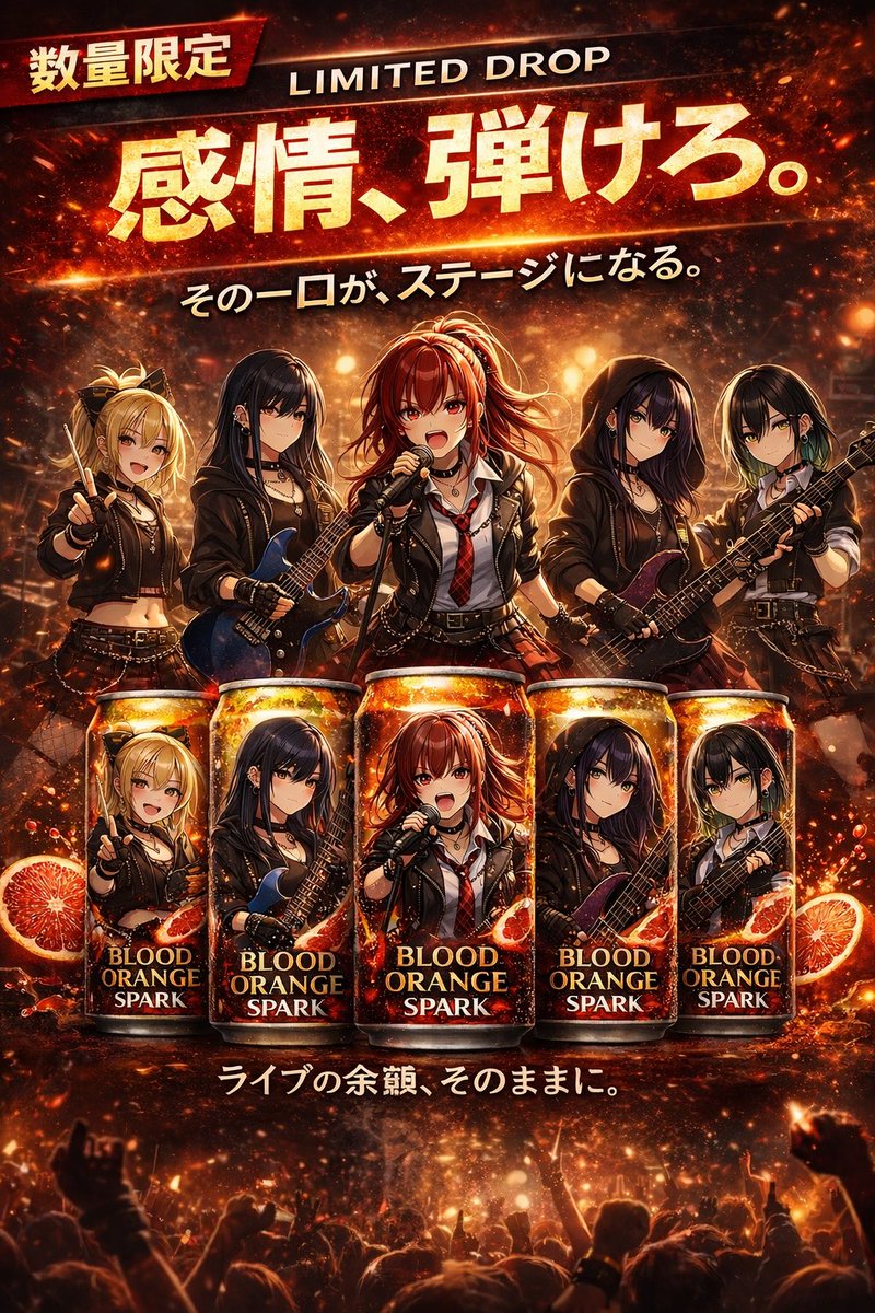 产品视觉 GPT Image 2 提示词：Anime Rock Band Beverage Collab Poster