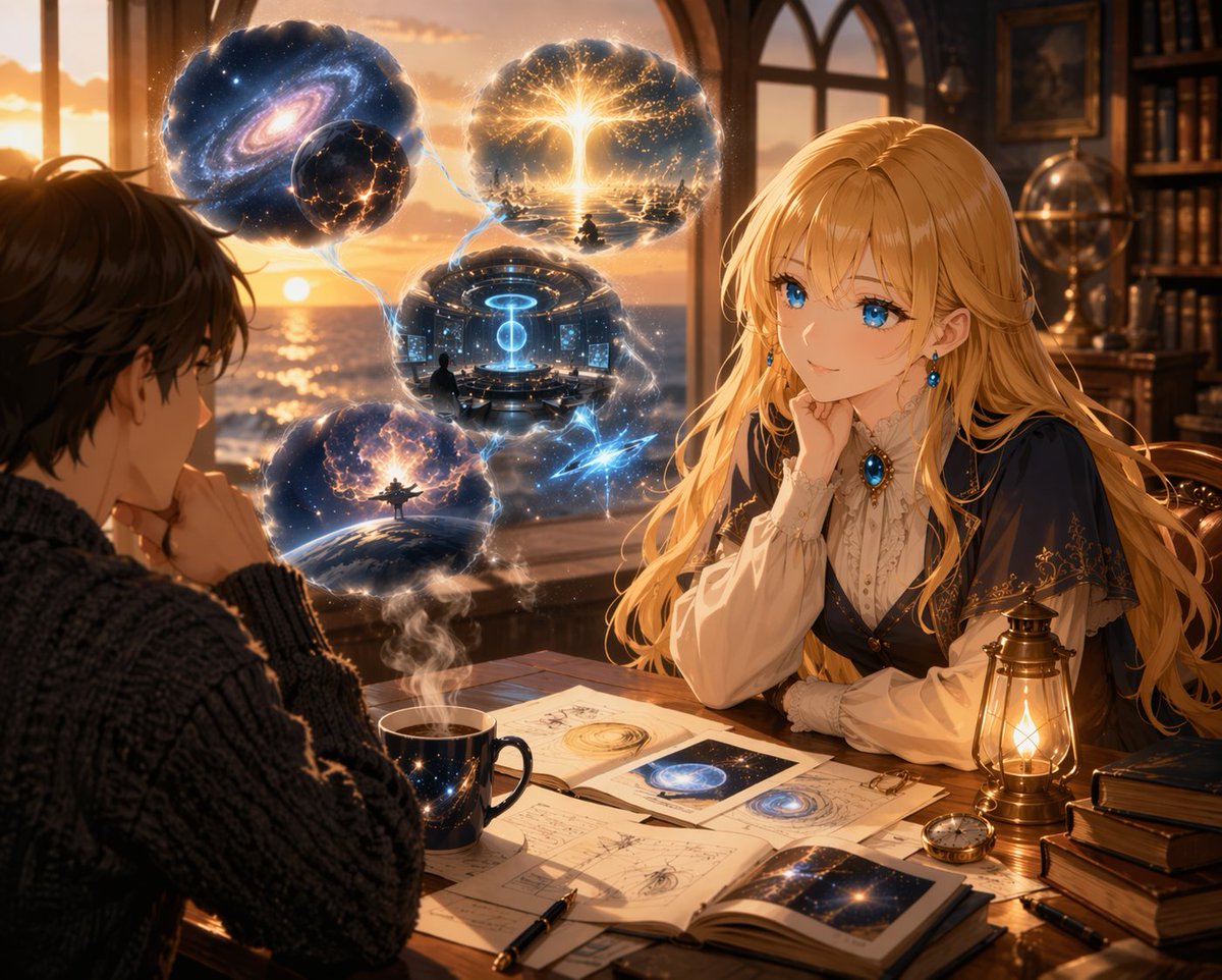 界面稿 GPT Image 2 提示词：Anime Scholars with Cosmic Holograms
