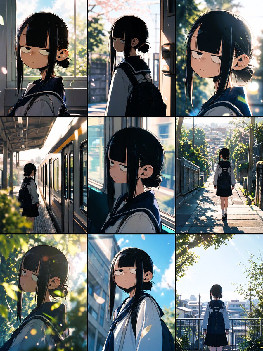 产品视觉 GPT Image 2 提示词：Anime School Commute Storyboard Grid