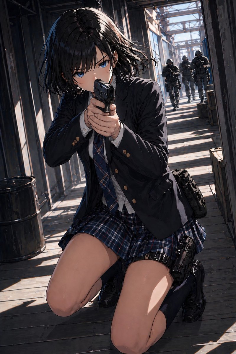 界面稿 GPT Image 2 提示词：Anime Schoolgirl Gunfight on Industrial Walkway
