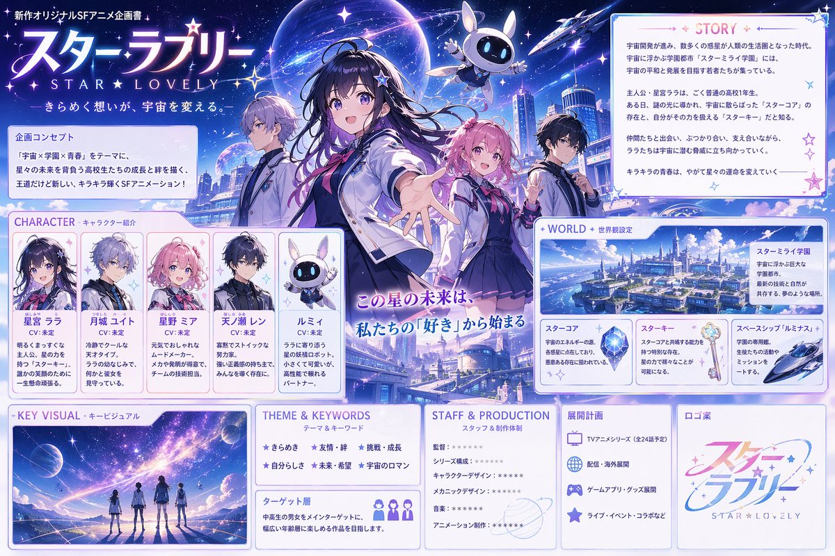 产品视觉 GPT Image 2 提示词：Anime Sci-Fi School Proposal Board
