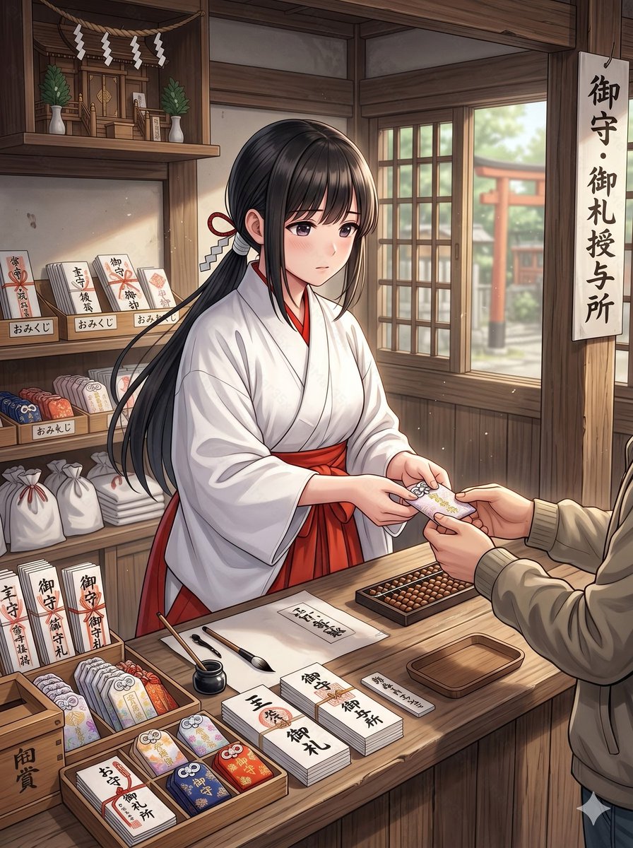 界面稿 GPT Image 2 提示词：Anime Shrine Maiden Omamori Counter