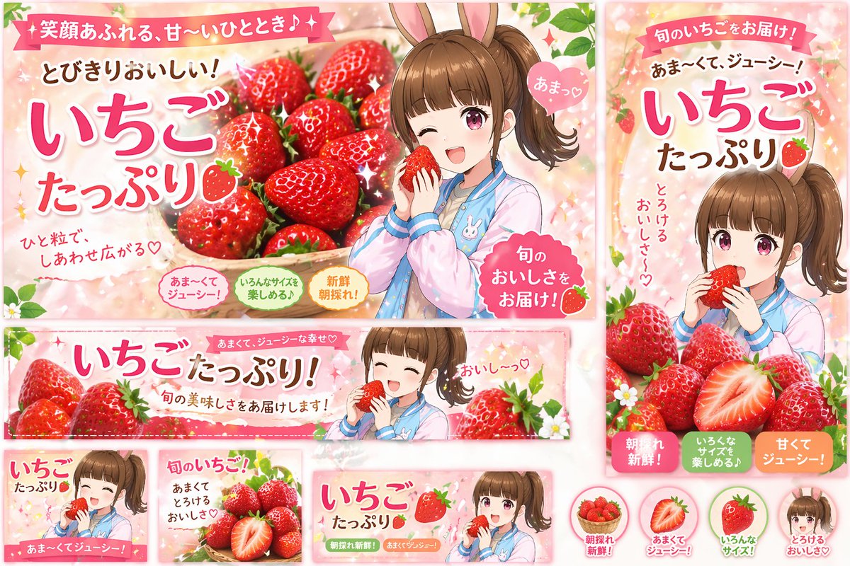 产品视觉 GPT Image 2 提示词：Anime Strawberry Promo Banner Set