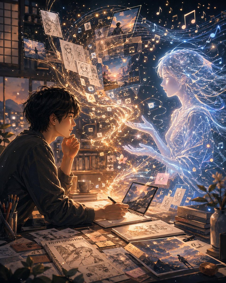 界面稿 GPT Image 2 提示词：Artist and Ethereal Muse at Night