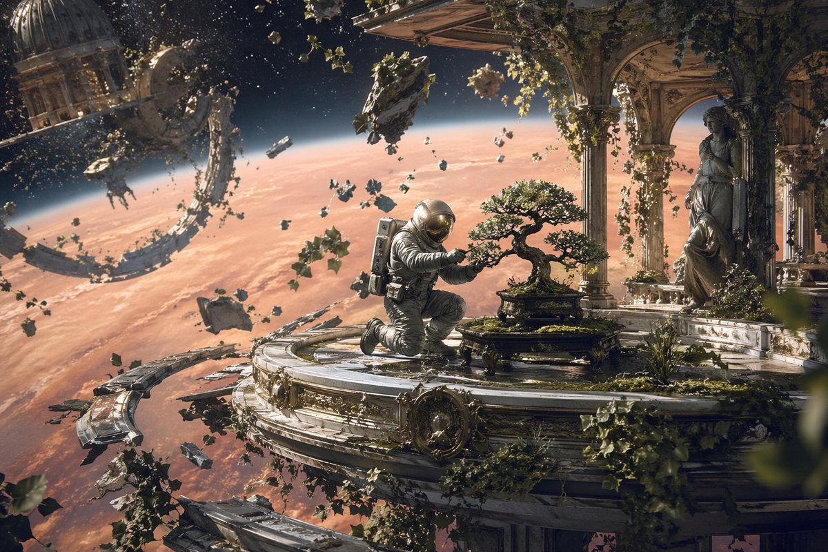 界面稿 GPT Image 2 提示词：Astronaut Tending Bonsai in Space Ruins