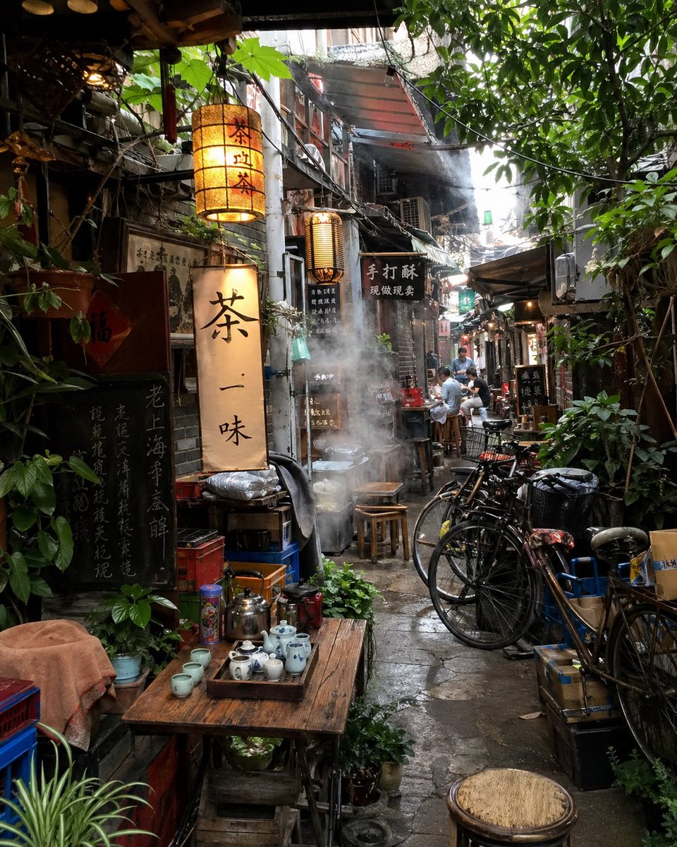 产品视觉 GPT Image 2 提示词：Atmospheric Tea Alley Street Scene