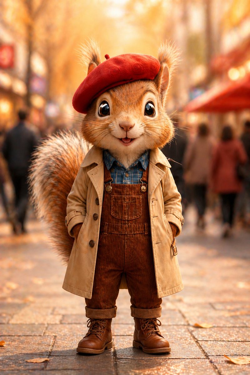 界面稿 GPT Image 2 提示词：Autumn Squirrel Child Street Portrait