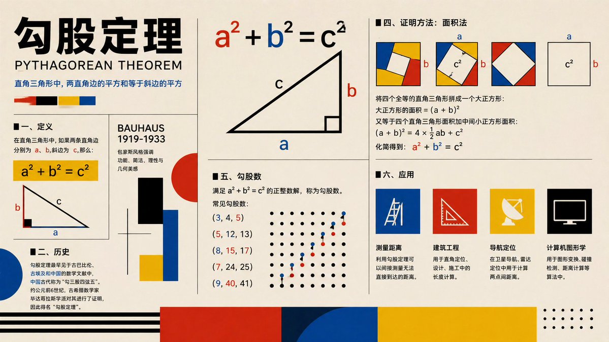 产品视觉 GPT Image 2 提示词：Bauhaus Pythagorean Theorem Poster