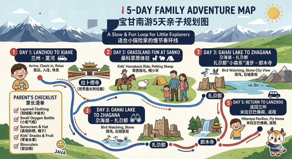 产品视觉 GPT Image 2 提示词：Bilingual 5-Day Family Travel Map