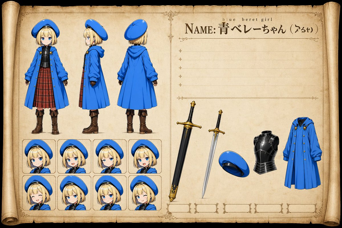 产品视觉 GPT Image 2 提示词：Blue Beret Girl Reference Sheet