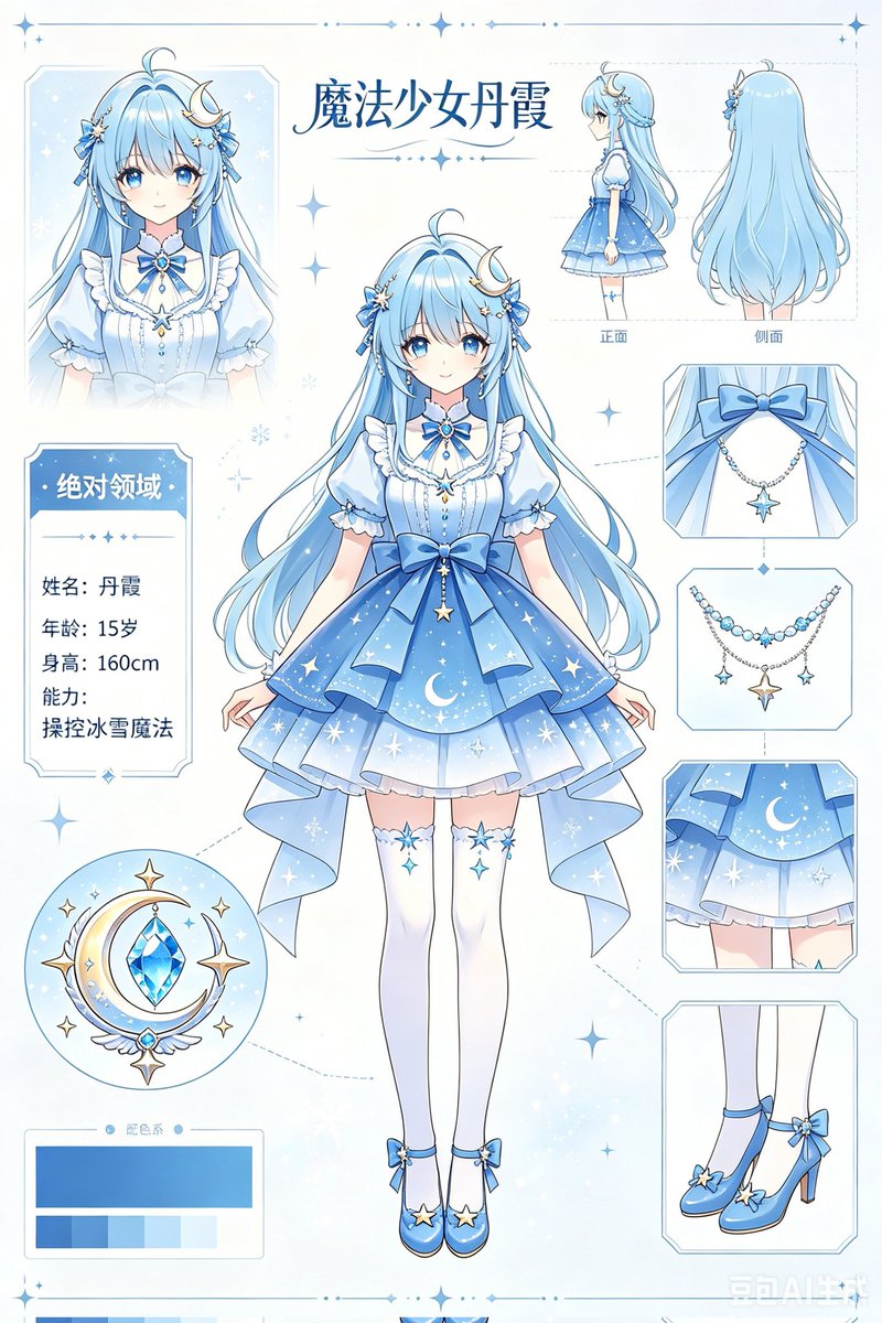产品视觉 GPT Image 2 提示词：Blue Magical Girl Reference Sheet