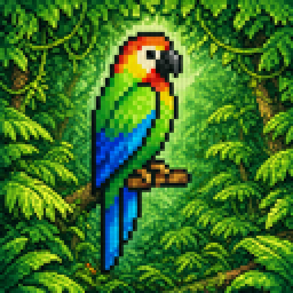 产品视觉 GPT Image 2 提示词：Blurry Retro Pixel Parrot Jungle