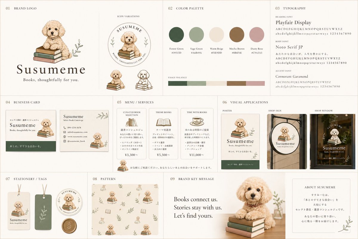 产品视觉 GPT Image 2 提示词：Bookstore Brand Board with Poodle Mascot