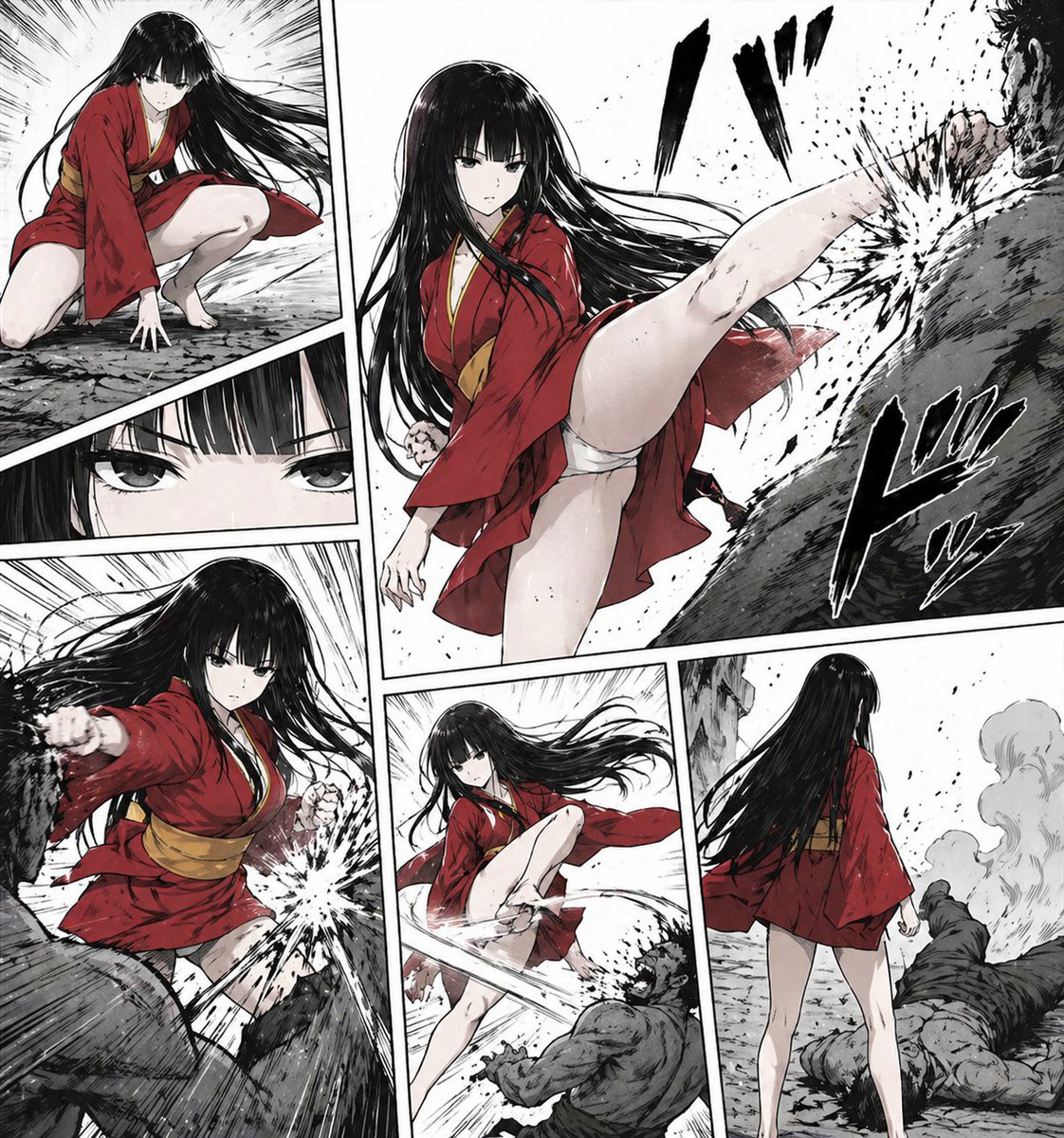 产品视觉 GPT Image 2 提示词：Brutal Red-Kimono Manga Fight Page