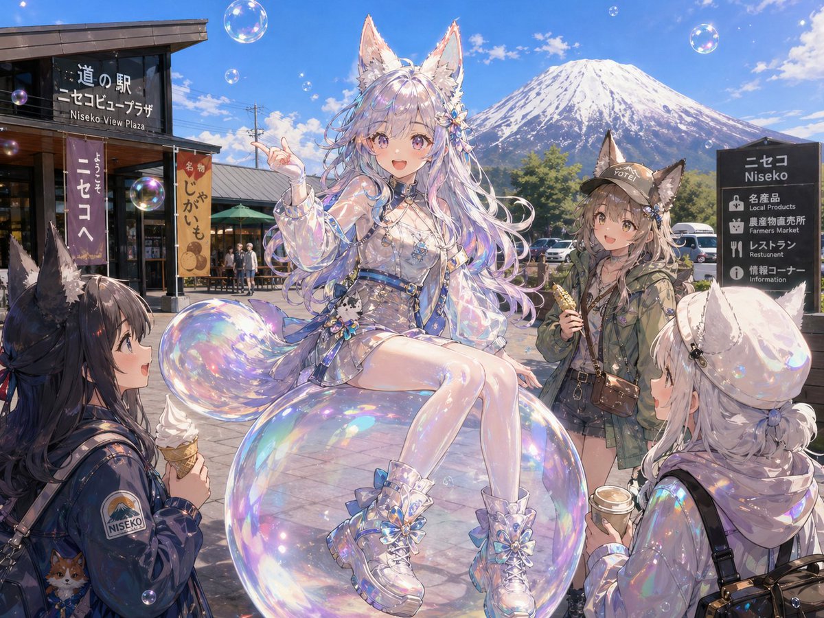 产品视觉 GPT Image 2 提示词：Bubble Fox Friends Meet in Niseko