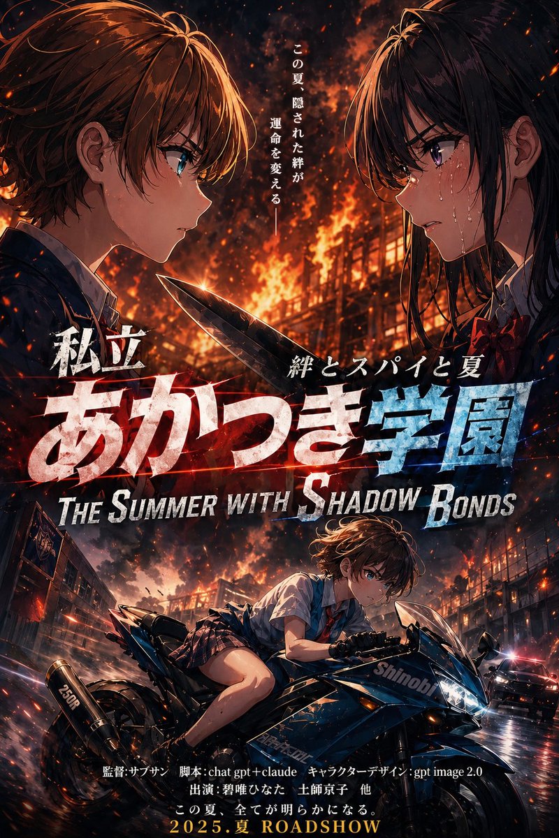 产品视觉 GPT Image 2 提示词：Burning Anime School Thriller Poster
