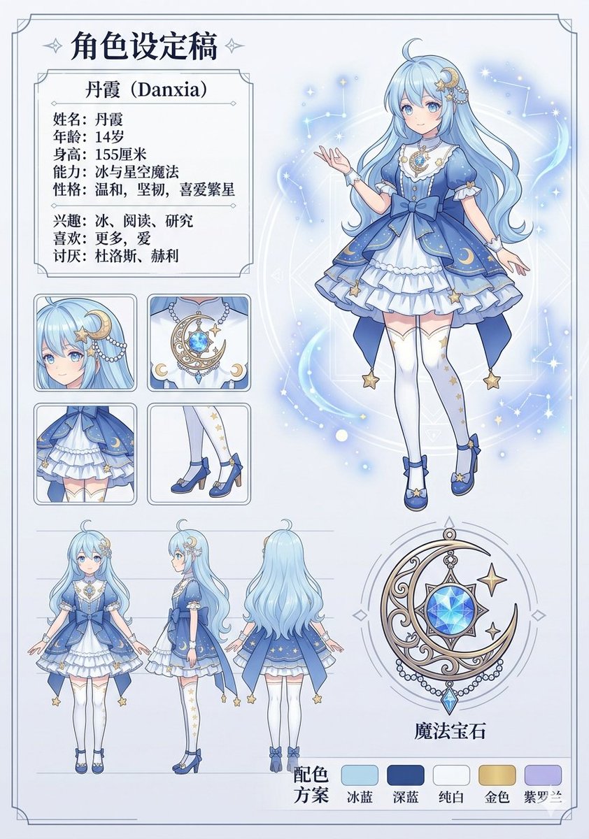 产品视觉 GPT Image 2 提示词：Celestial Blue Character Design Sheet