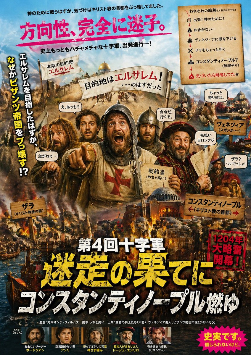 产品视觉 GPT Image 2 提示词：Chaotic Fourth Crusade Parody Poster