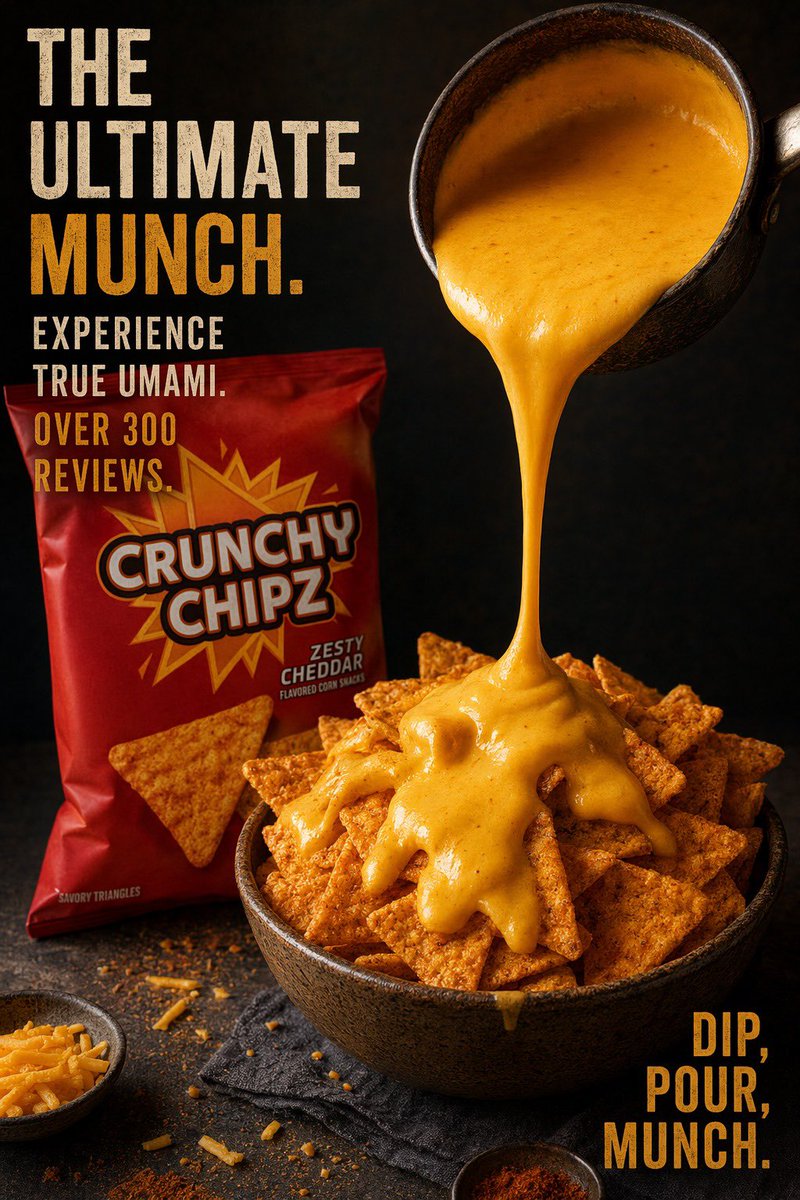 产品视觉 GPT Image 2 提示词：Cheesy Chips Snack Ad Poster