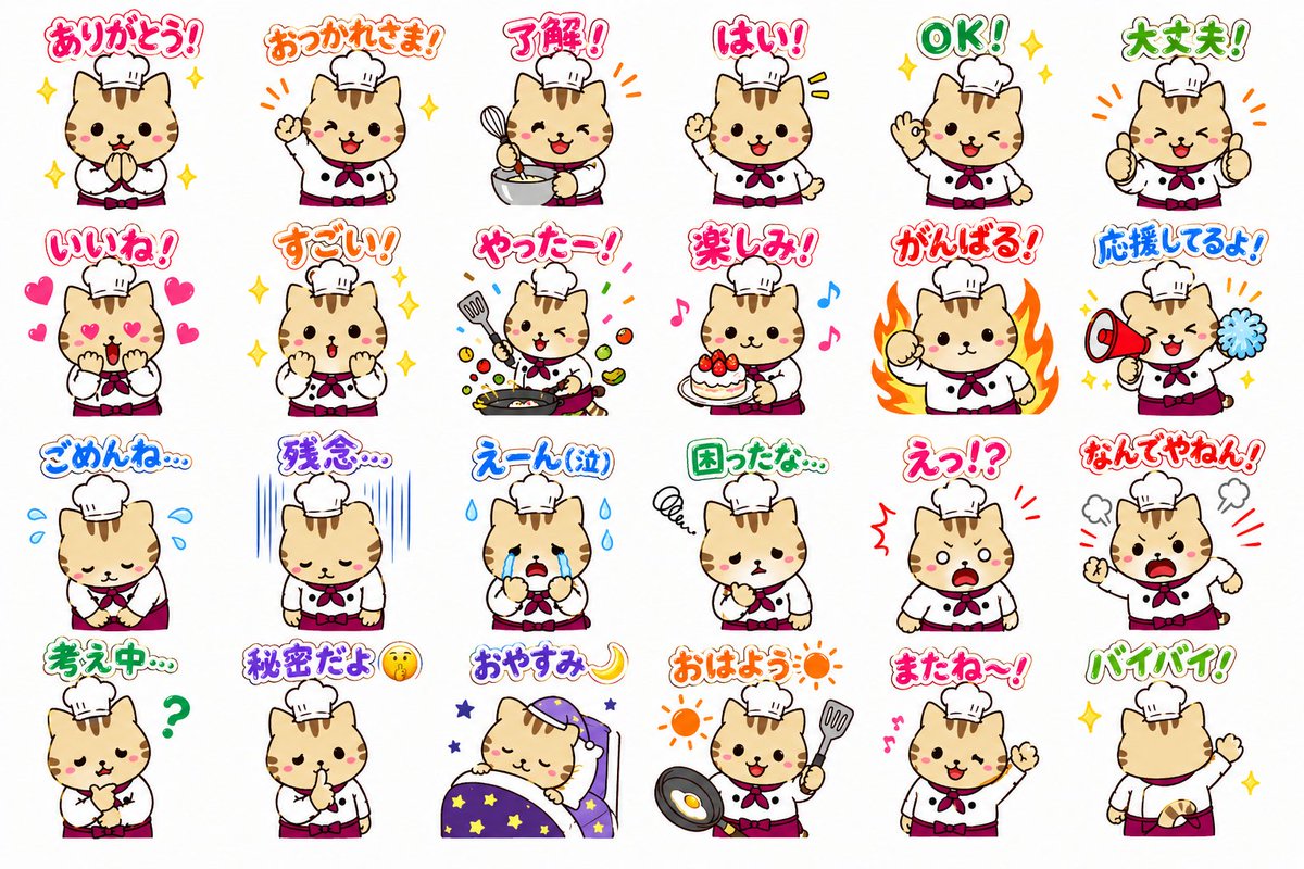 产品视觉 GPT Image 2 提示词：Chef Cat LINE Sticker Sheet