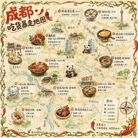 产品视觉 GPT Image 2 提示词：成都吃货暴走手绘美食地图