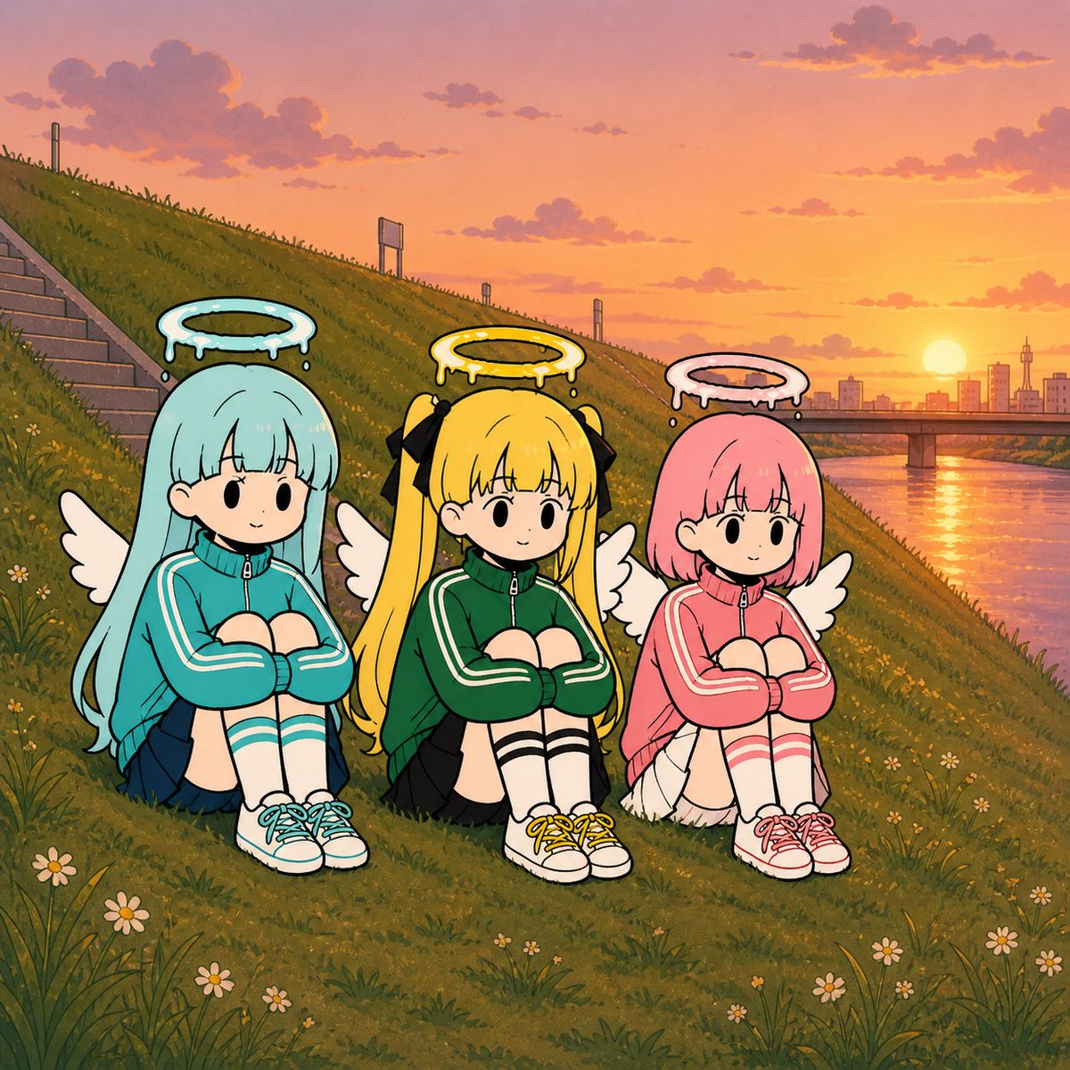 产品视觉 GPT Image 2 提示词：Chibi Angel Girls at Sunset