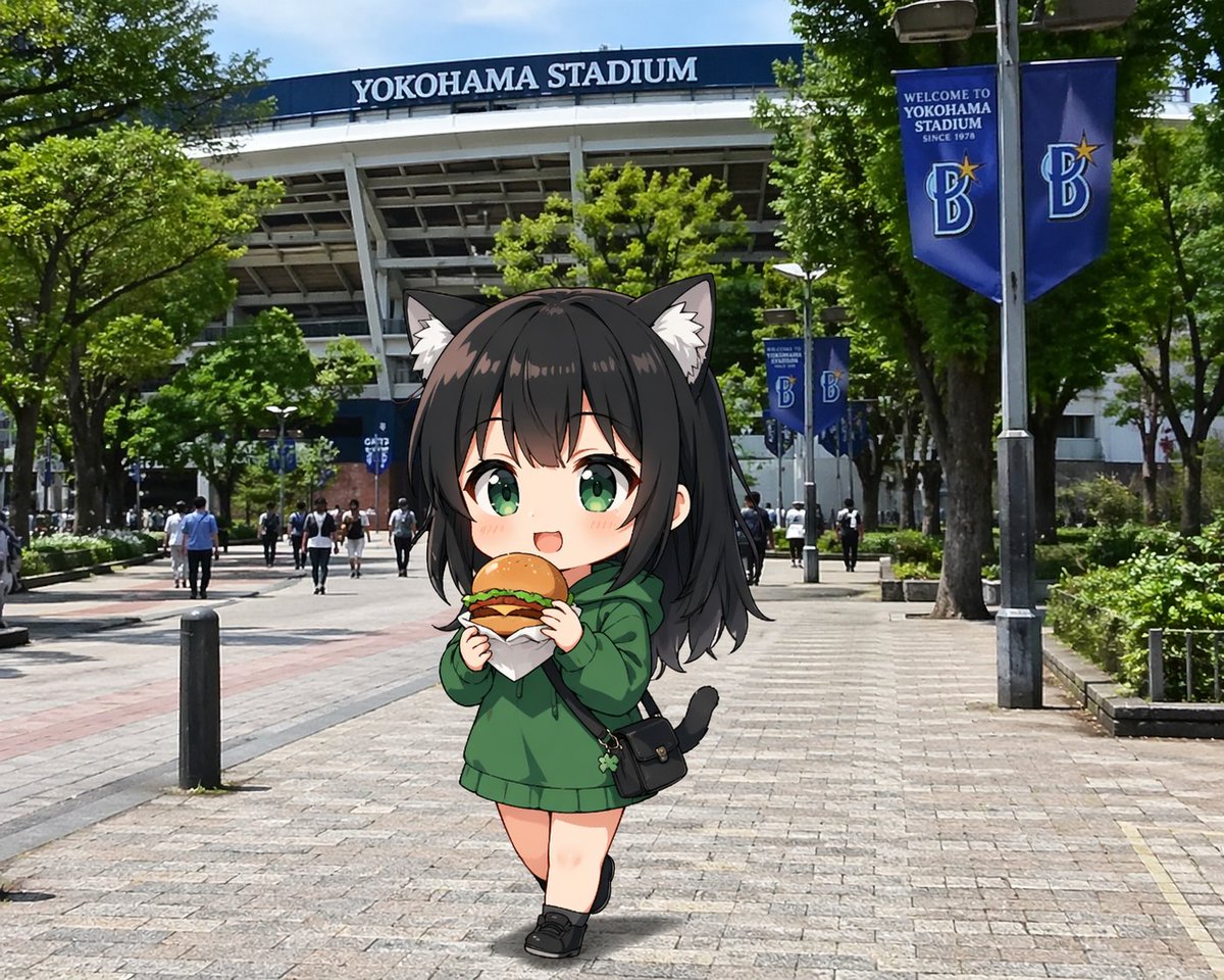 界面稿 GPT Image 2 提示词：Chibi Catgirl at Yokohama Stadium
