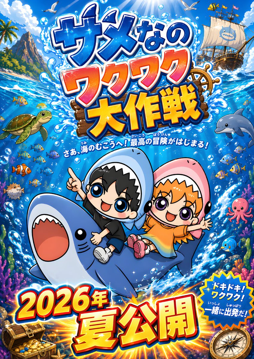 产品视觉 GPT Image 2 提示词：Chibi Shark Adventure Movie Poster