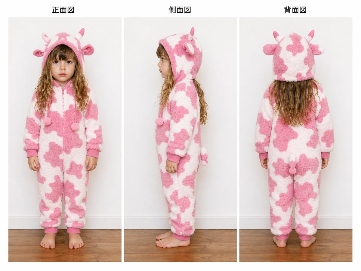 产品视觉 GPT Image 2 提示词：Child Cow Onesie Three-View Sheet