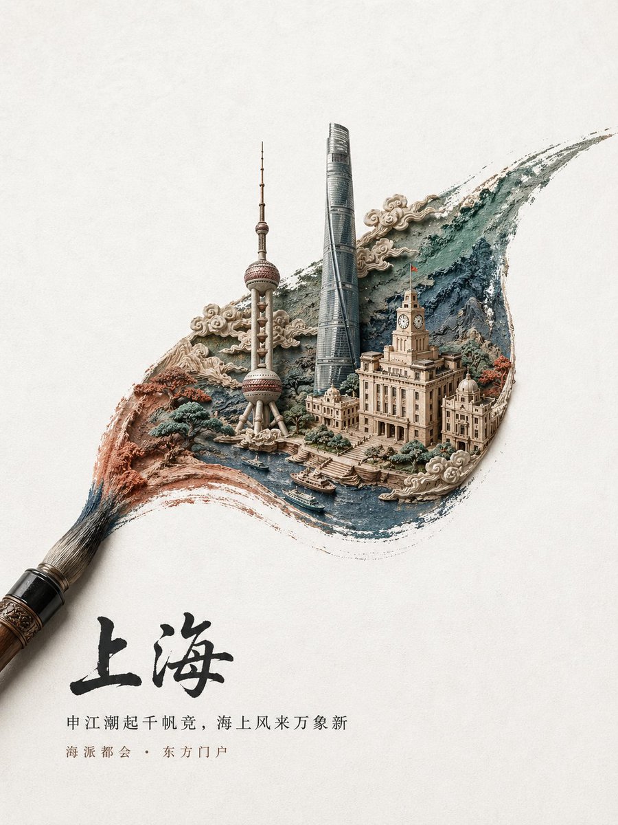 产品视觉 GPT Image 2 提示词：Chinese Brushstroke Shanghai Poster