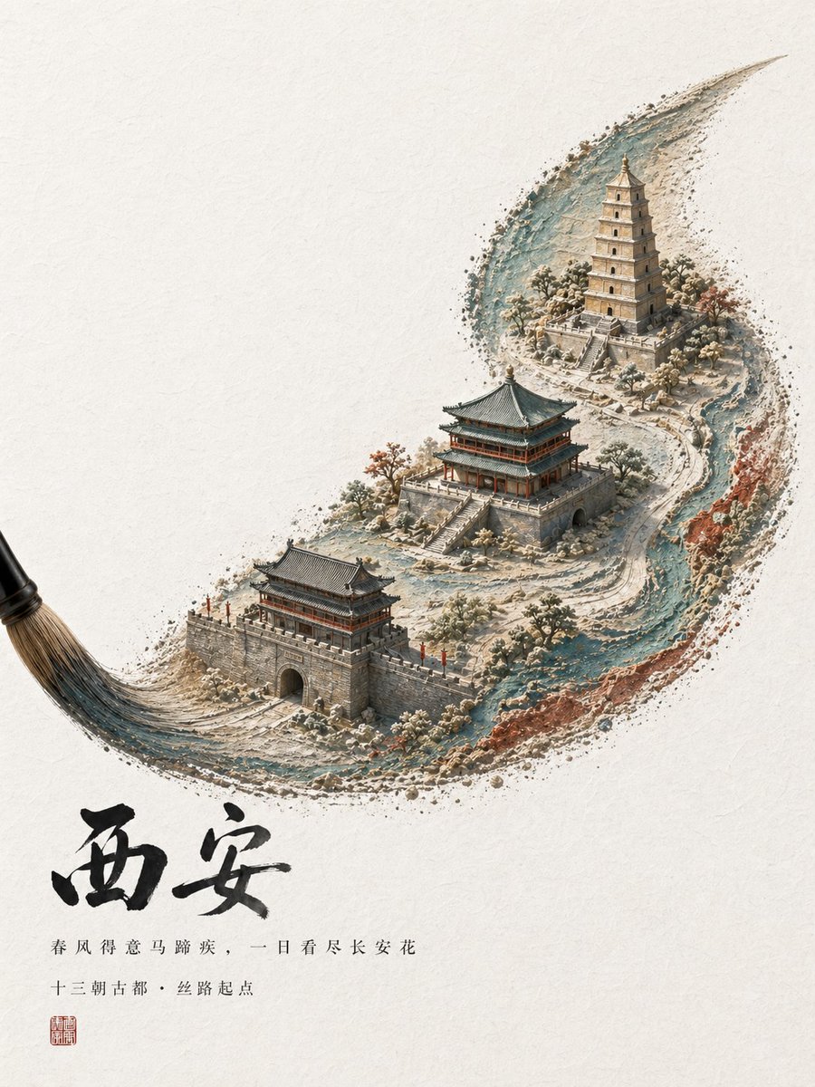 产品视觉 GPT Image 2 提示词：Chinese Brushstroke Xi'an Poster