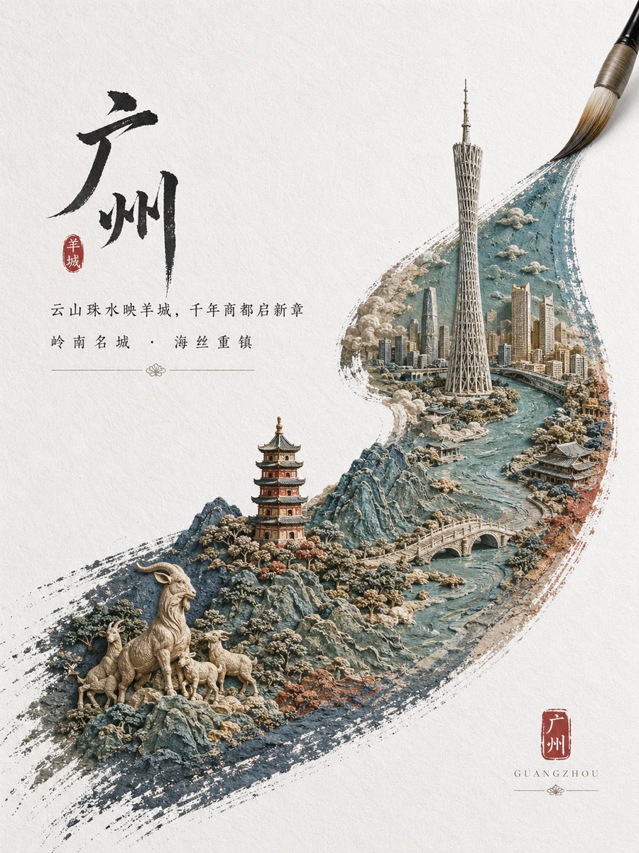 产品视觉 GPT Image 2 提示词：Chinese City Brushstroke Poster