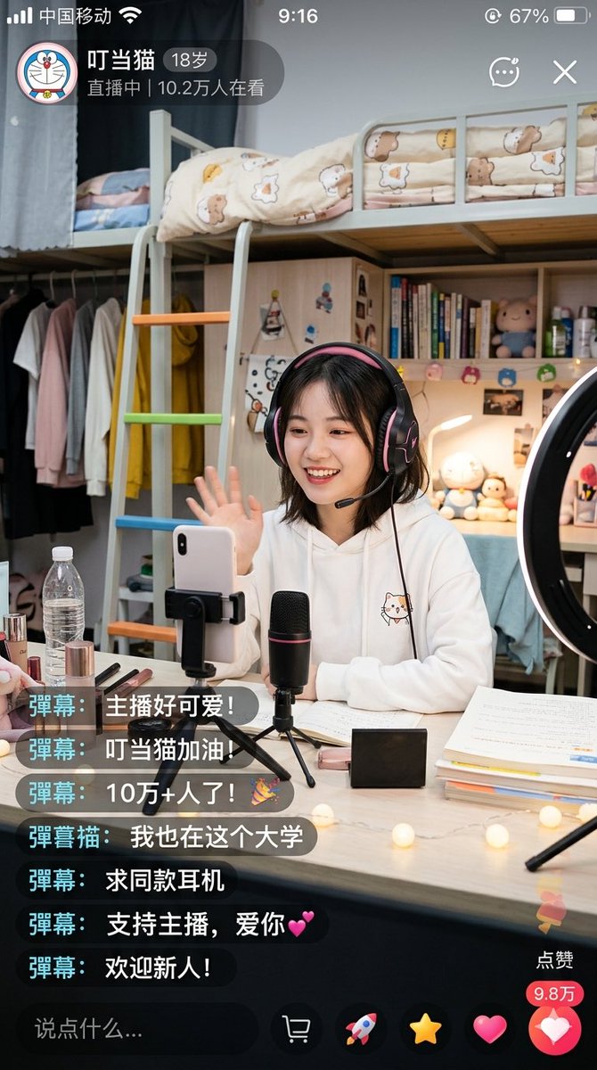 界面稿 GPT Image 2 提示词：Chinese Dorm Livestream Screenshot