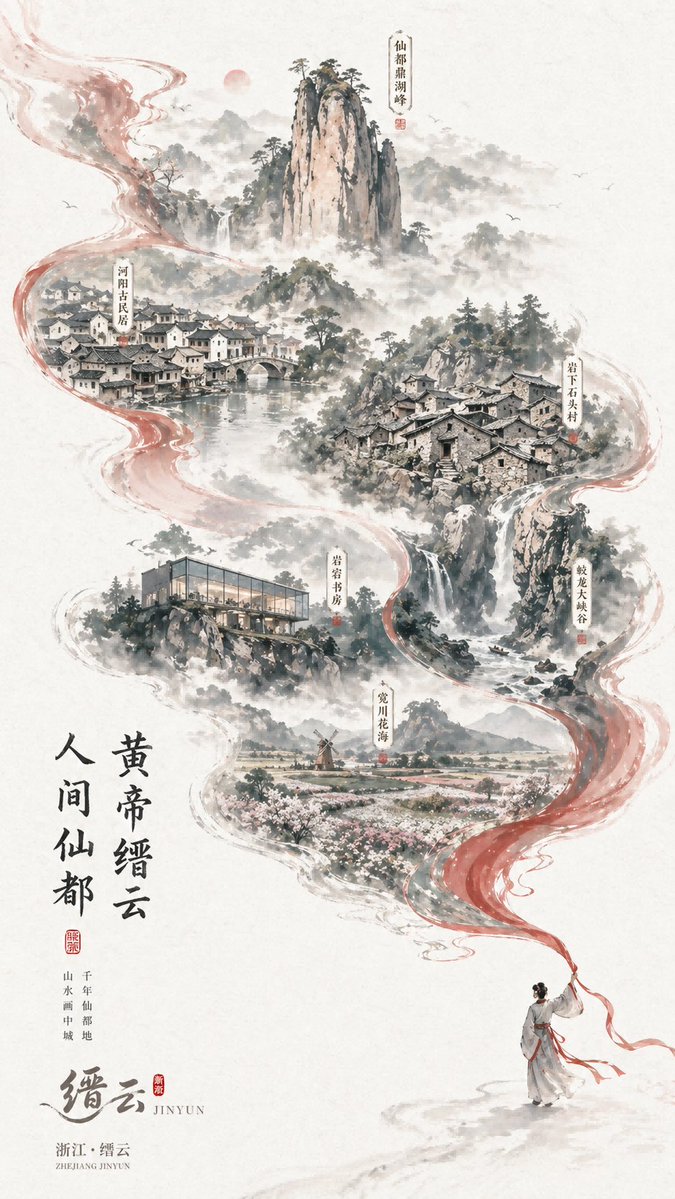 产品视觉 GPT Image 2 提示词：Chinese Ink-Wash Jinyun Travel Poster