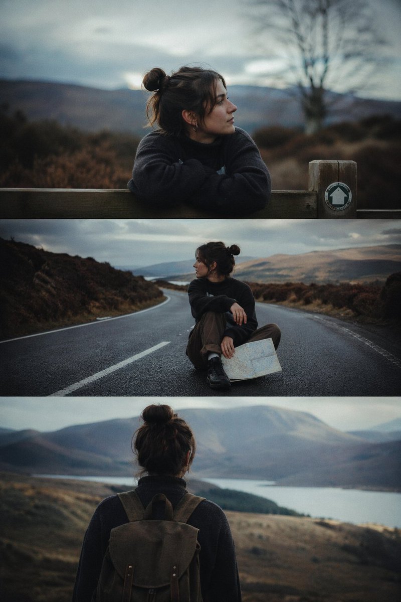 信息图 GPT Image 2 提示词：Cinematic 3-Frame Solo Travel Stills