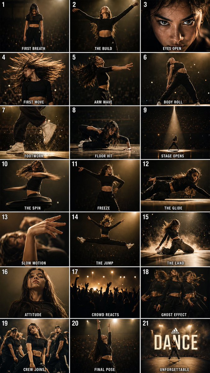 产品视觉 GPT Image 2 提示词：Cinematic Dance Routine Storyboard