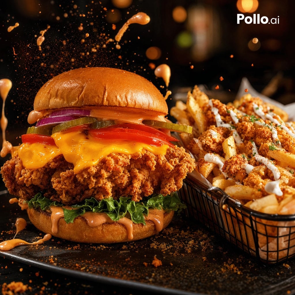 产品视觉 GPT Image 2 提示词：Cinematic Fried Chicken Burger Ad