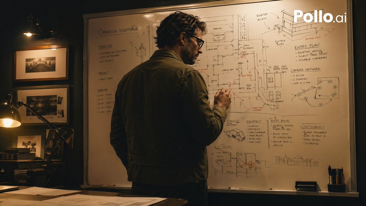 产品视觉 GPT Image 2 提示词：Cinematic Heist Mastermind at Whiteboard