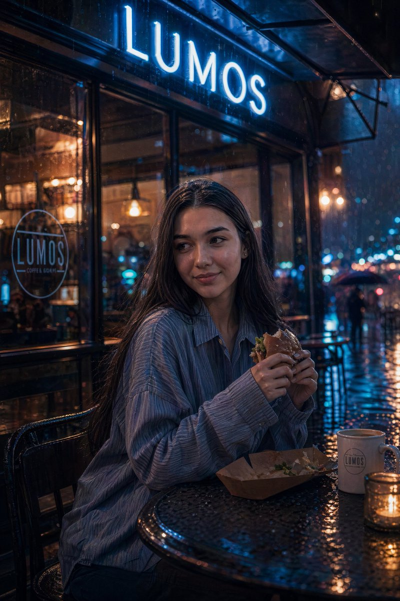 故事绘本 GPT Image 2 提示词：Cinematic neon cafe night