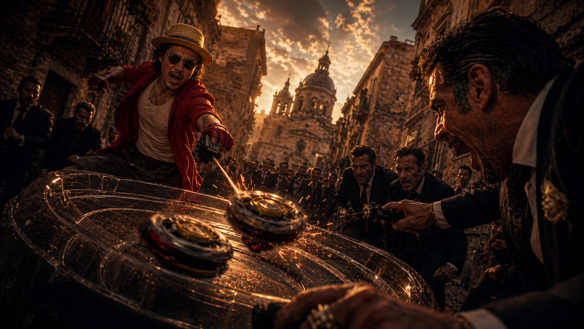 产品视觉 GPT Image 2 提示词：Cinematic Spinning Top Street Duel