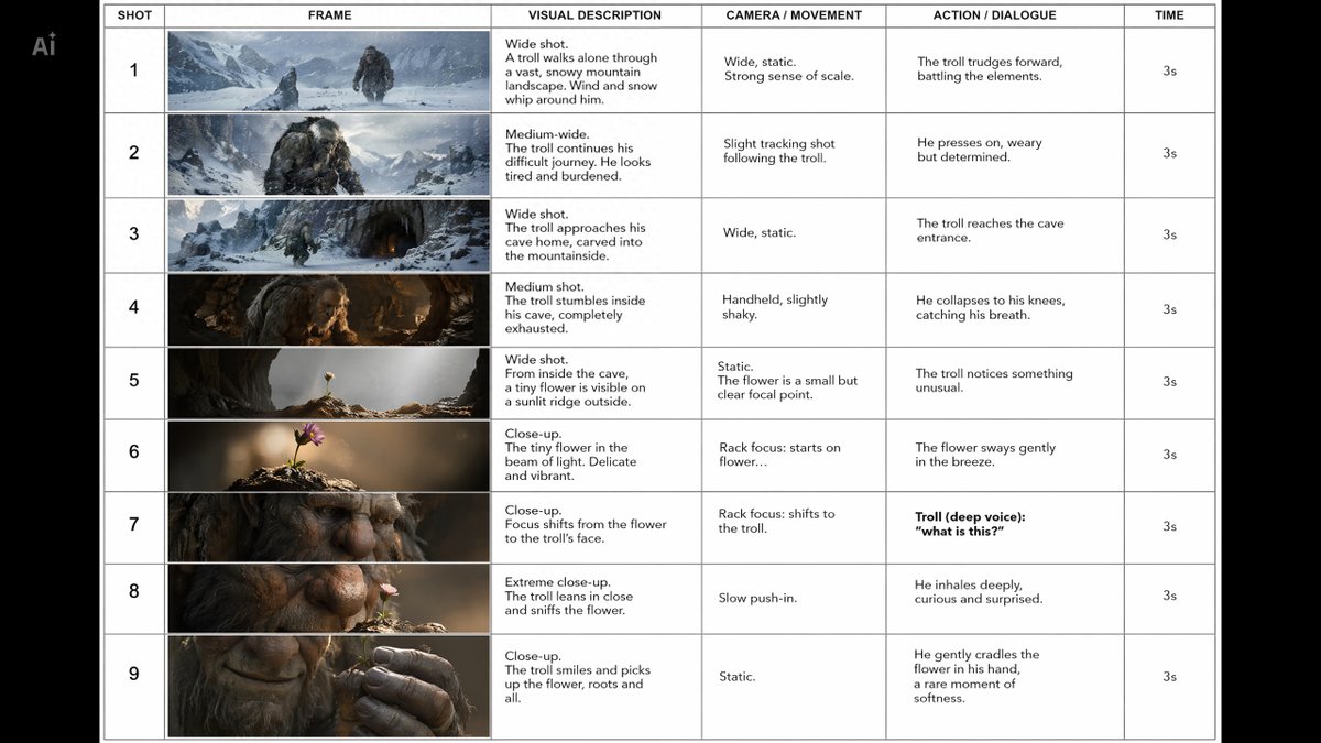 角色设定 GPT Image 2 提示词：Cinematic Storyboard: The Mountain Troll