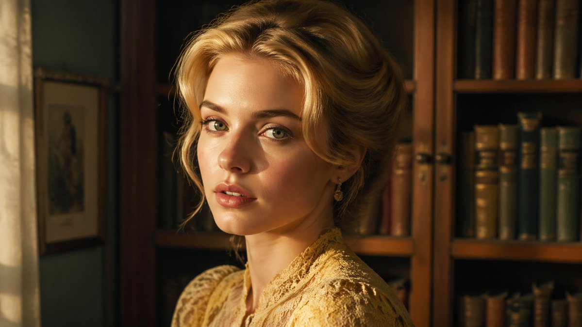 界面稿 GPT Image 2 提示词：Cinematic Woman in Vintage Library
