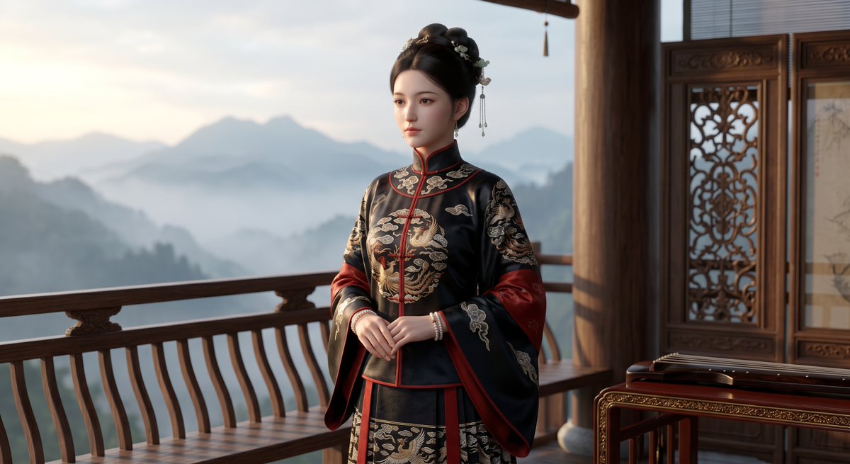 角色设定 GPT Image 2 提示词：Cinematic Wuxia Heroine on Mountain Balcony